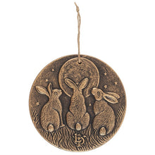 Load image into Gallery viewer, Moon Gazing  3 Hares Bronze Coloured Hanging Plaque by Lisa Parker
