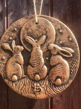Load image into Gallery viewer, Moon Gazing  3 Hares Bronze Coloured Hanging Plaque by Lisa Parker
